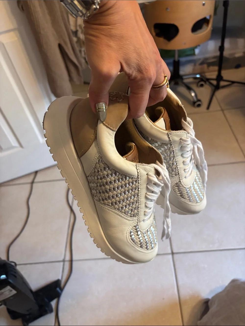 Women's Beige Lace-Up Sneakers with Iridescent Woven Detail